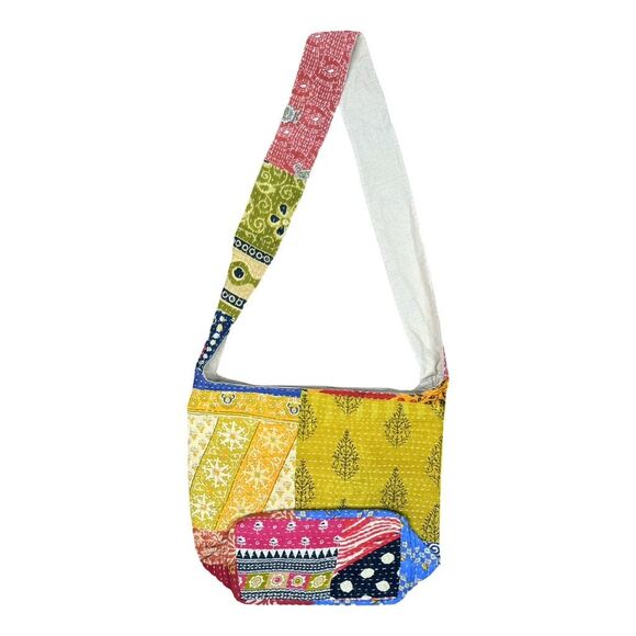 Kantha Patchwork Crossbody Hobo Shoulder Bag - 14” x 10.5” x 5.5” - Picture 5 of 6